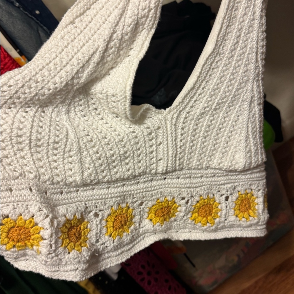 White Crochet Top with Yellow Sunflower Accents
